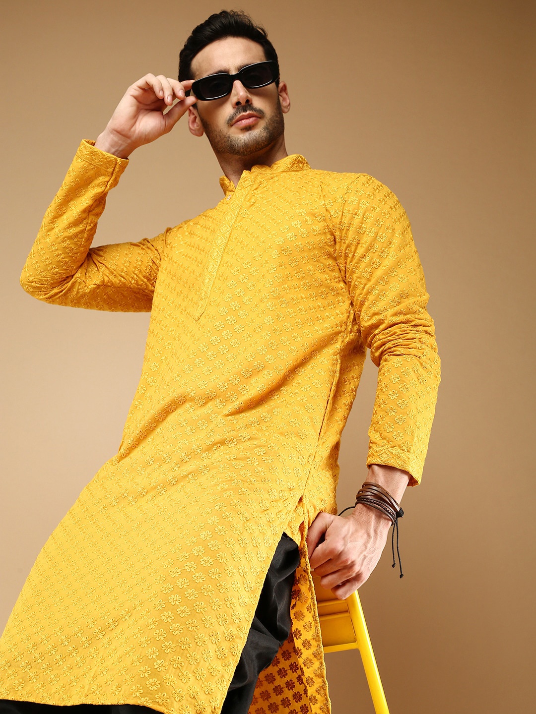 

Sangria Floral Embroidered Chikankari Cotton Straight Kurta, Yellow