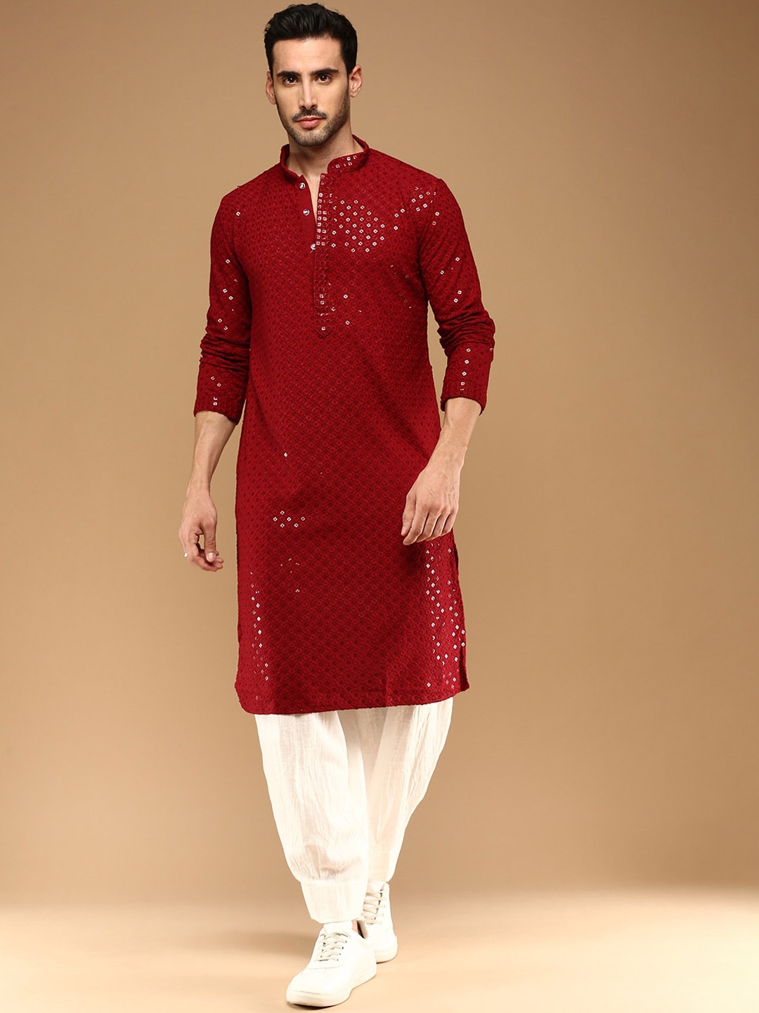 

Sangria Maroon Chikankari Mandarin Collar Sequinned Cotton Straight Kurta