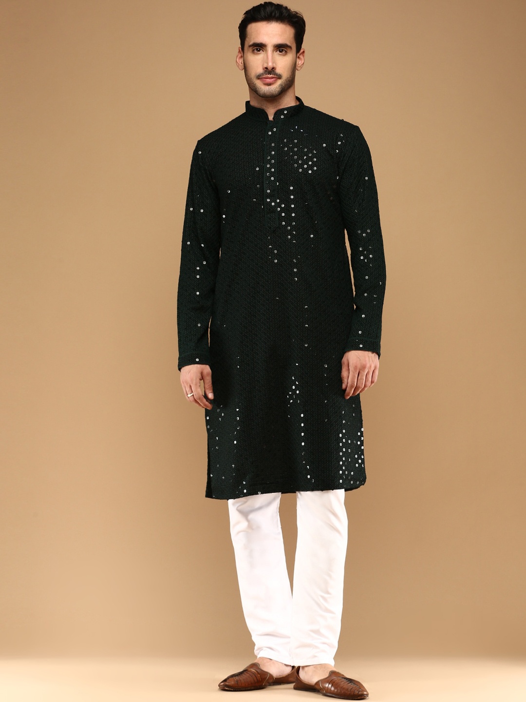 

Sangria Floral Embroidered Sequinned Straight Chikankari Cotton Kurtas, Green