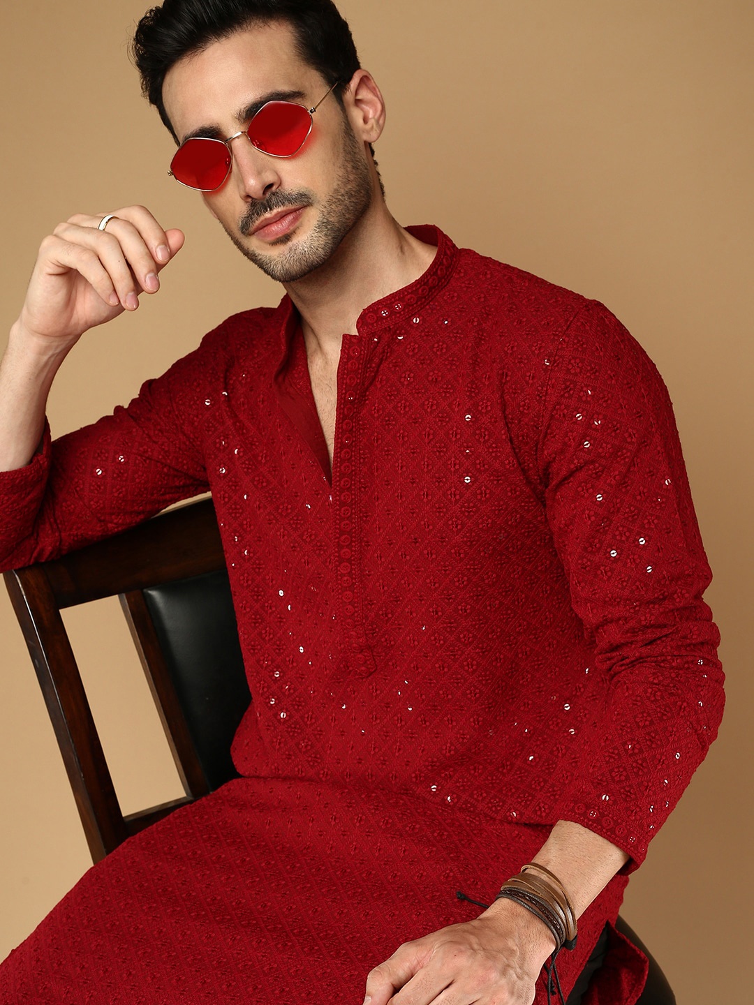 

Sangria Maroon Chikankari Mandarin Collar Sequinned Cotton Straight Kurta