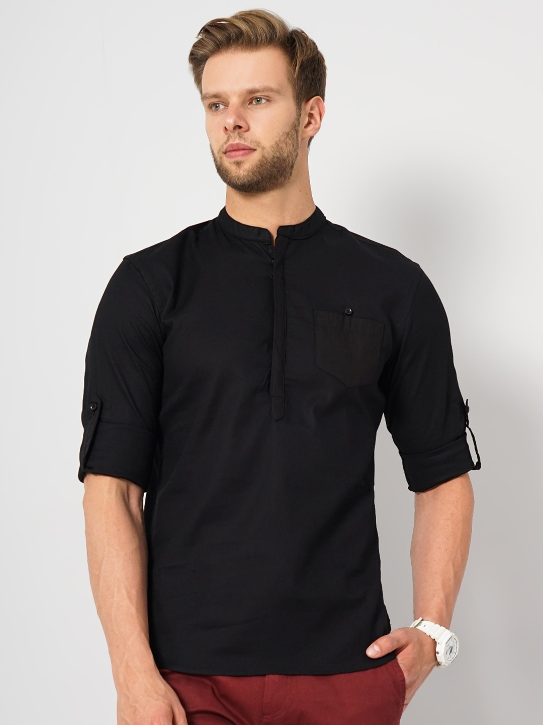 

Celio Classic Band Collar Roll-Up Sleeve Cotton Casual Shirt, Black