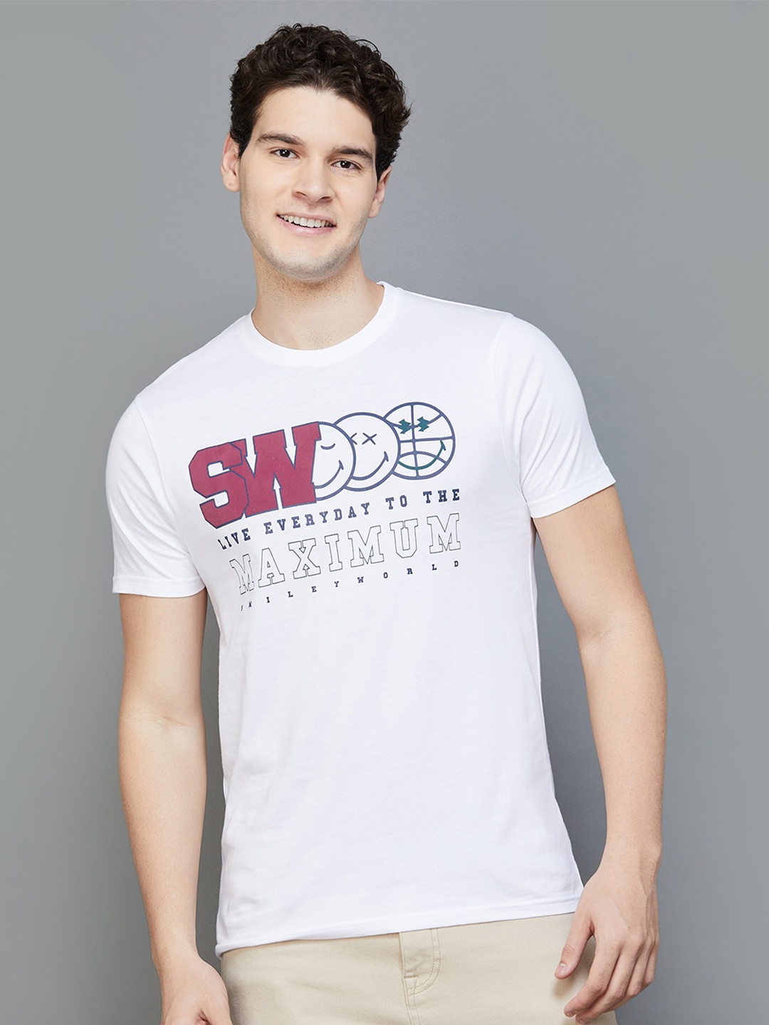 

SmileyWorld Typography Printed Regular Fit Cotton T-shirt, White
