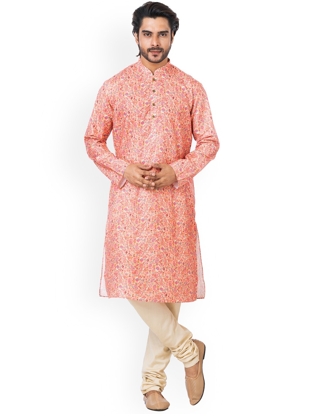

HU - Handcrafted Uniquely Men Pink Floral Printed Regular Kurta with Churidar