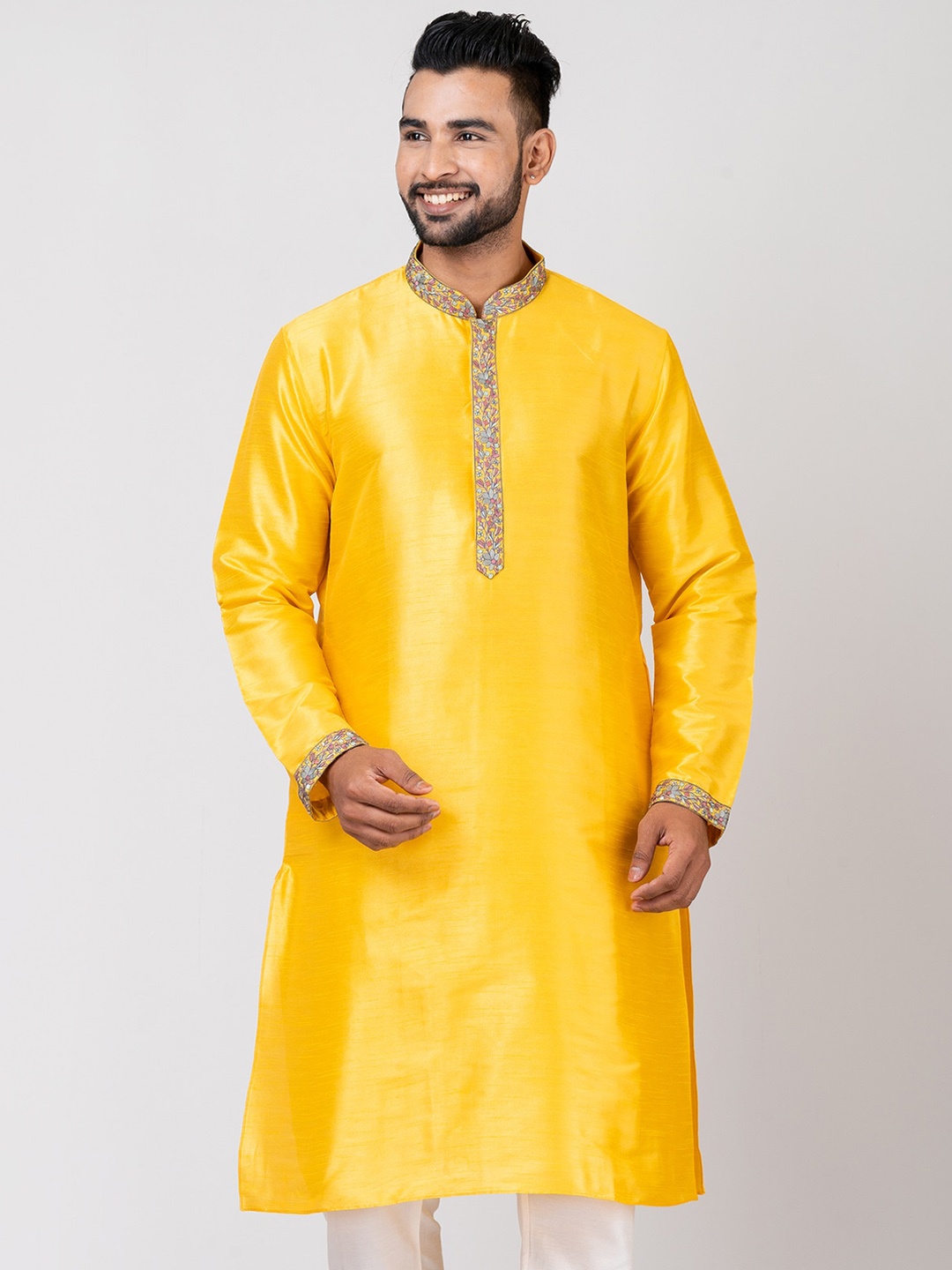 

HU - Handcrafted Uniquely Men Yellow Regular Thread Work Dupion Silk Kurta with Pyjamas