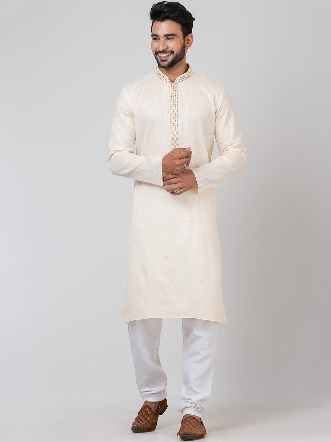 

HU - Handcrafted Uniquely Mandarin Collar Long Sleeves Straight Kurta & Churidar, Beige