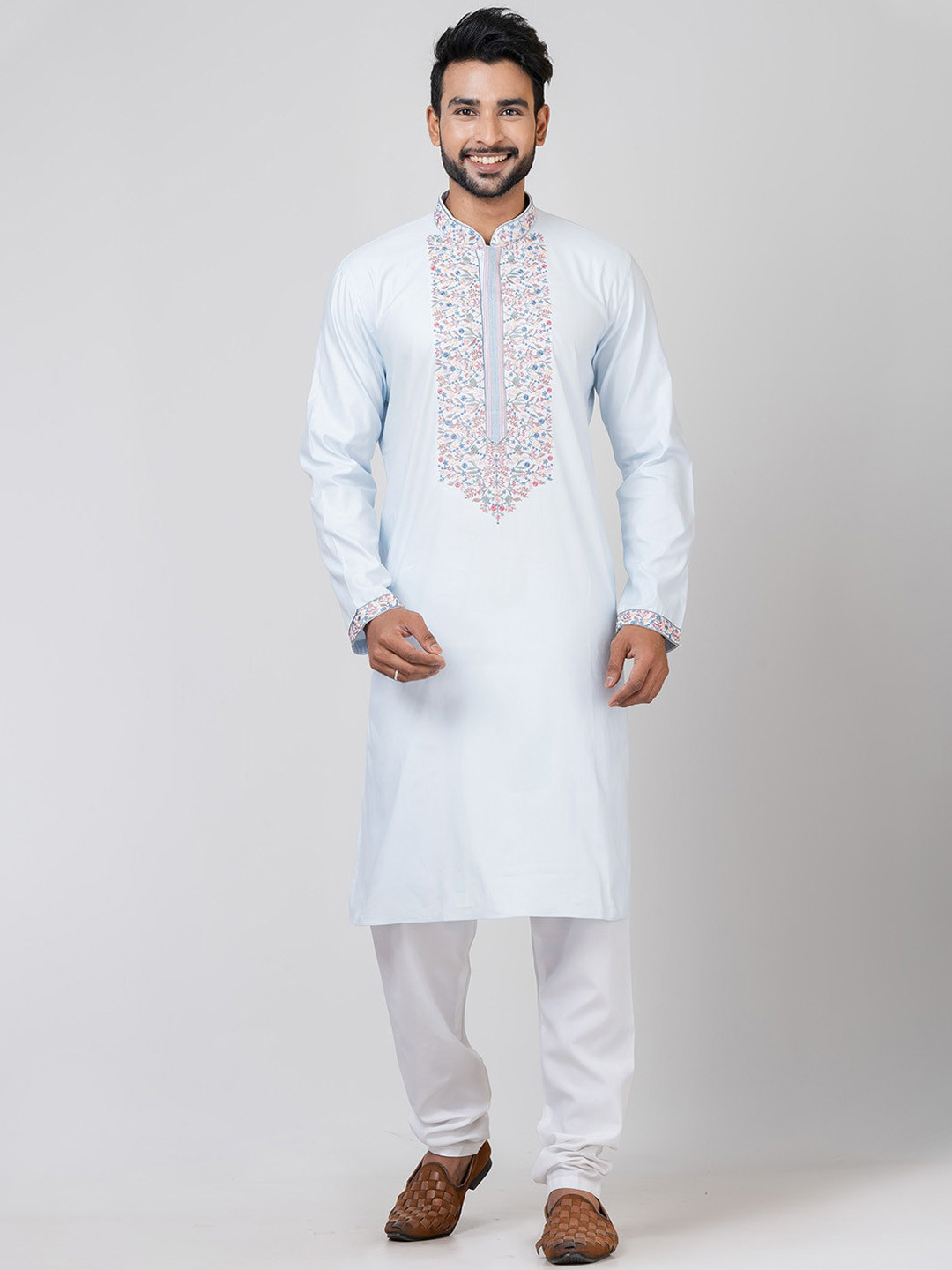 

HU - Handcrafted Uniquely Floral Embroidered Mandarin Collar Kurta with Trouser, Blue