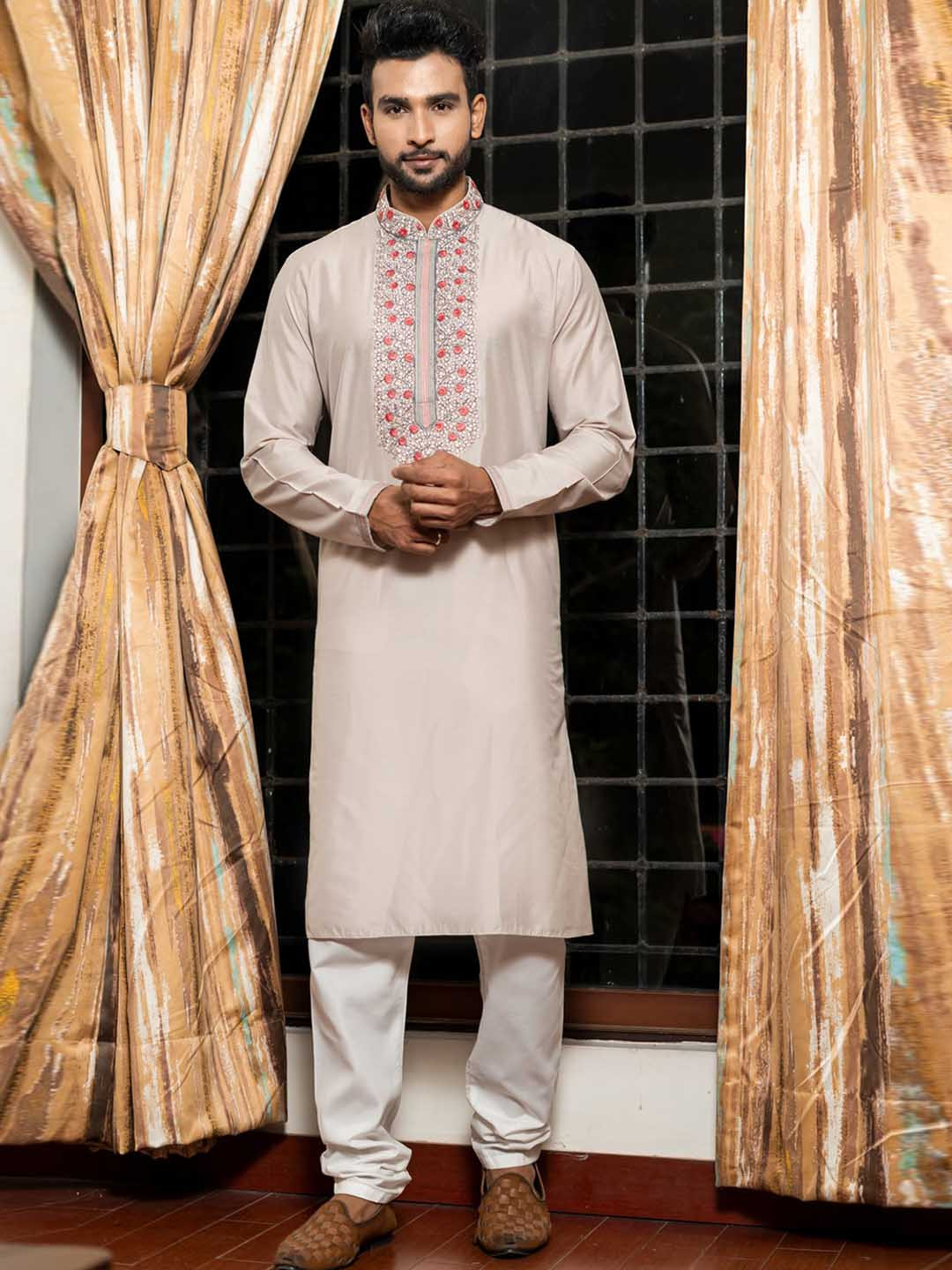 

HU - Handcrafted Uniquely Floral Yoke Design Mandarin Collar Thread Work Kurta & Churidar, Champagne