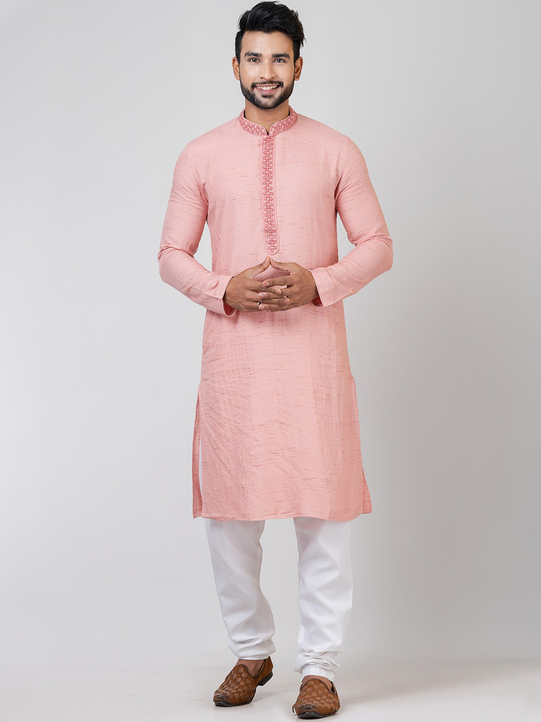 

HU - Handcrafted Uniquely Floral Embroidered Mandarin Collar Tussar Silk Kurta & Churidar, Pink