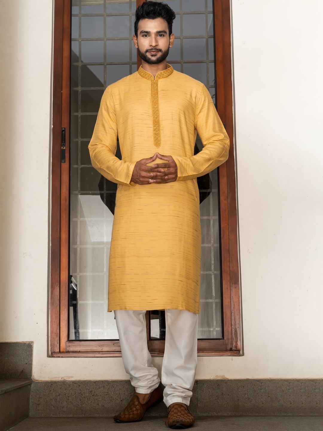 

HU - Handcrafted Uniquely Men Beige Regular Thread Work Kurta with Churidar