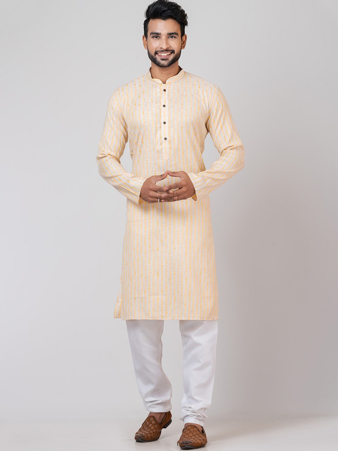 

HU - Handcrafted Uniquely Men Yellow Striped Regular Kurta with Churidar