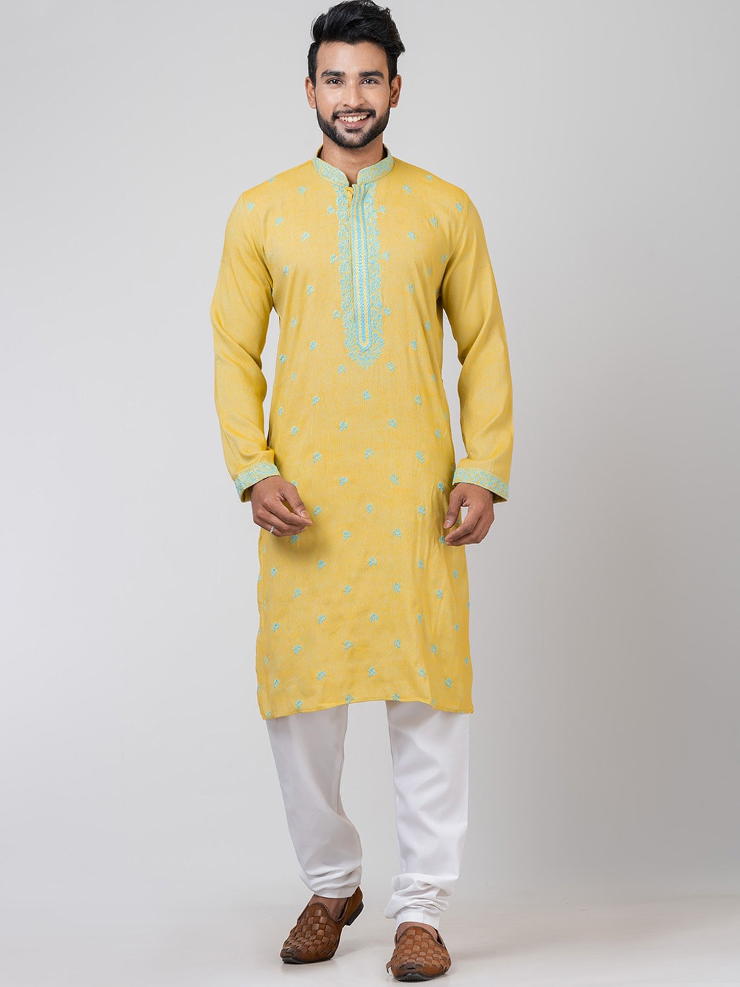 

HU - Handcrafted Uniquely Floral Embroidered Regular Thread Work Kurta with Churidar, Yellow