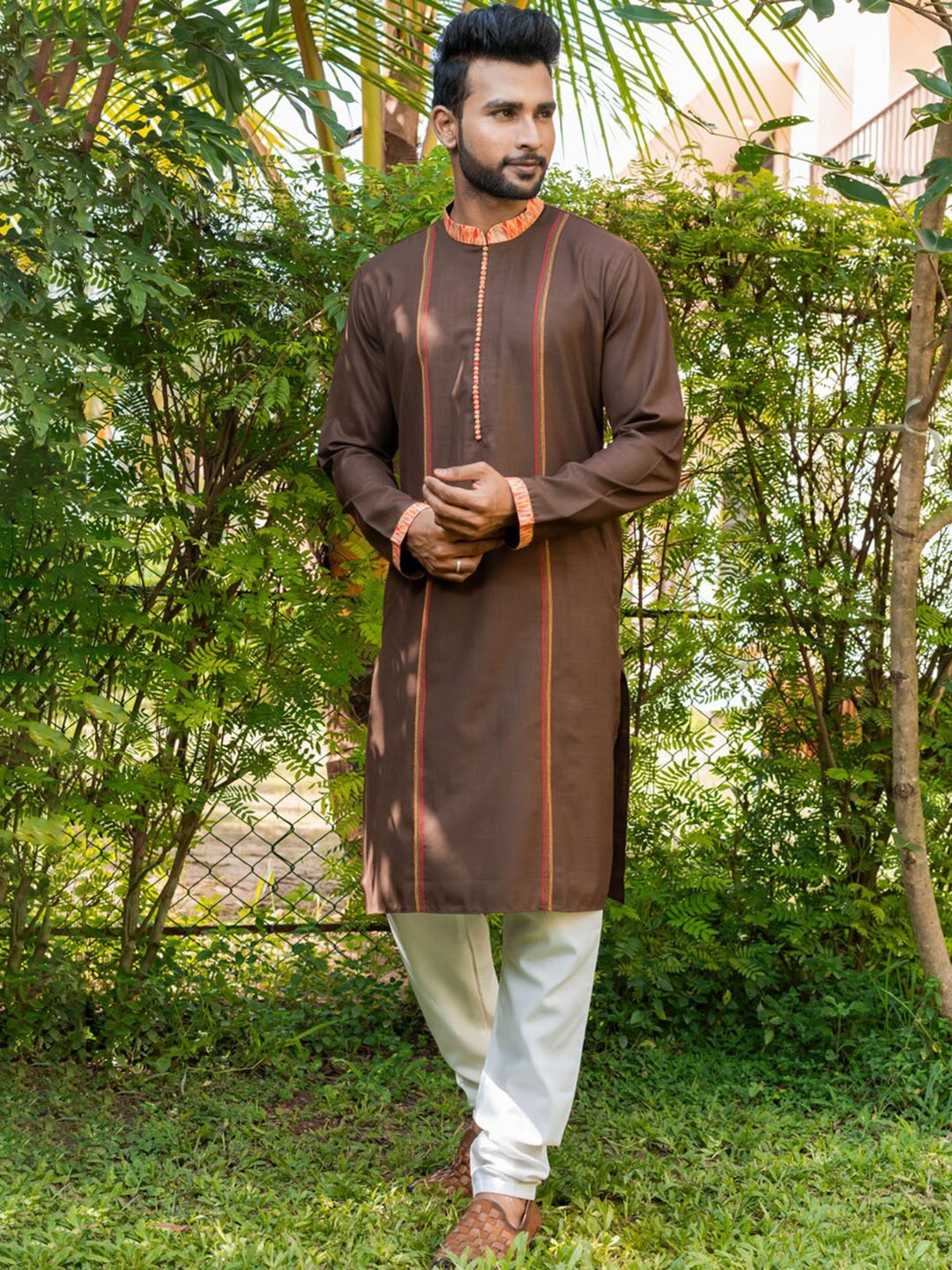 

HU - Handcrafted Uniquely Striped Mandarin Collar Thread Work Straight Kurta & Churidar, Brown