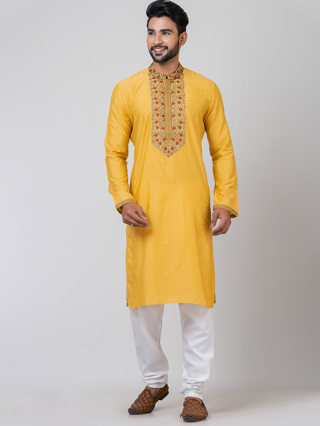 

HU - Handcrafted Uniquely Floral Yoke Design Mandarin Collar Thread Work Kurta & Churidar, Yellow