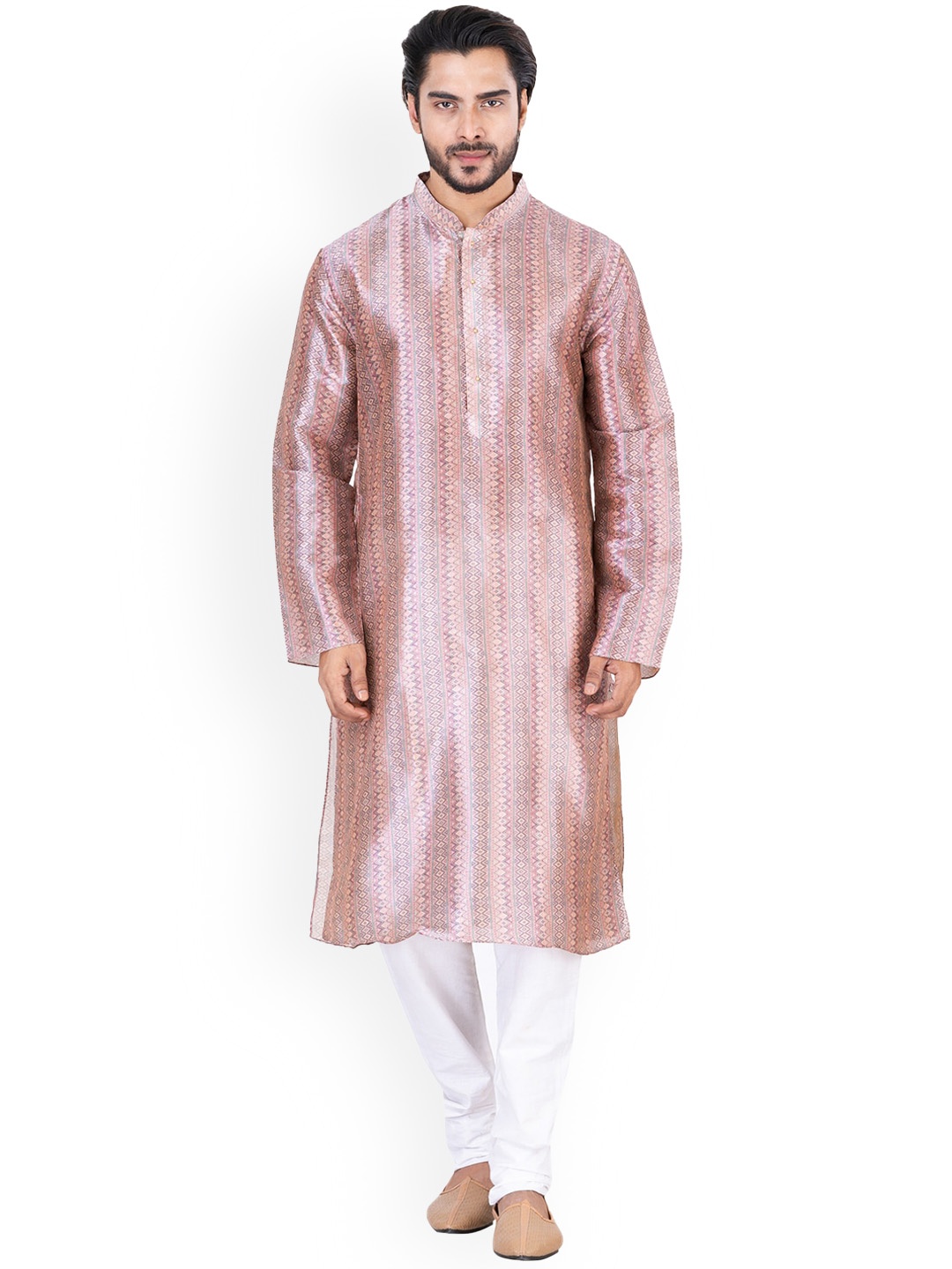 

HU - Handcrafted Uniquely Men Red Printed Regular Chanderi Silk Kurta with Churidar