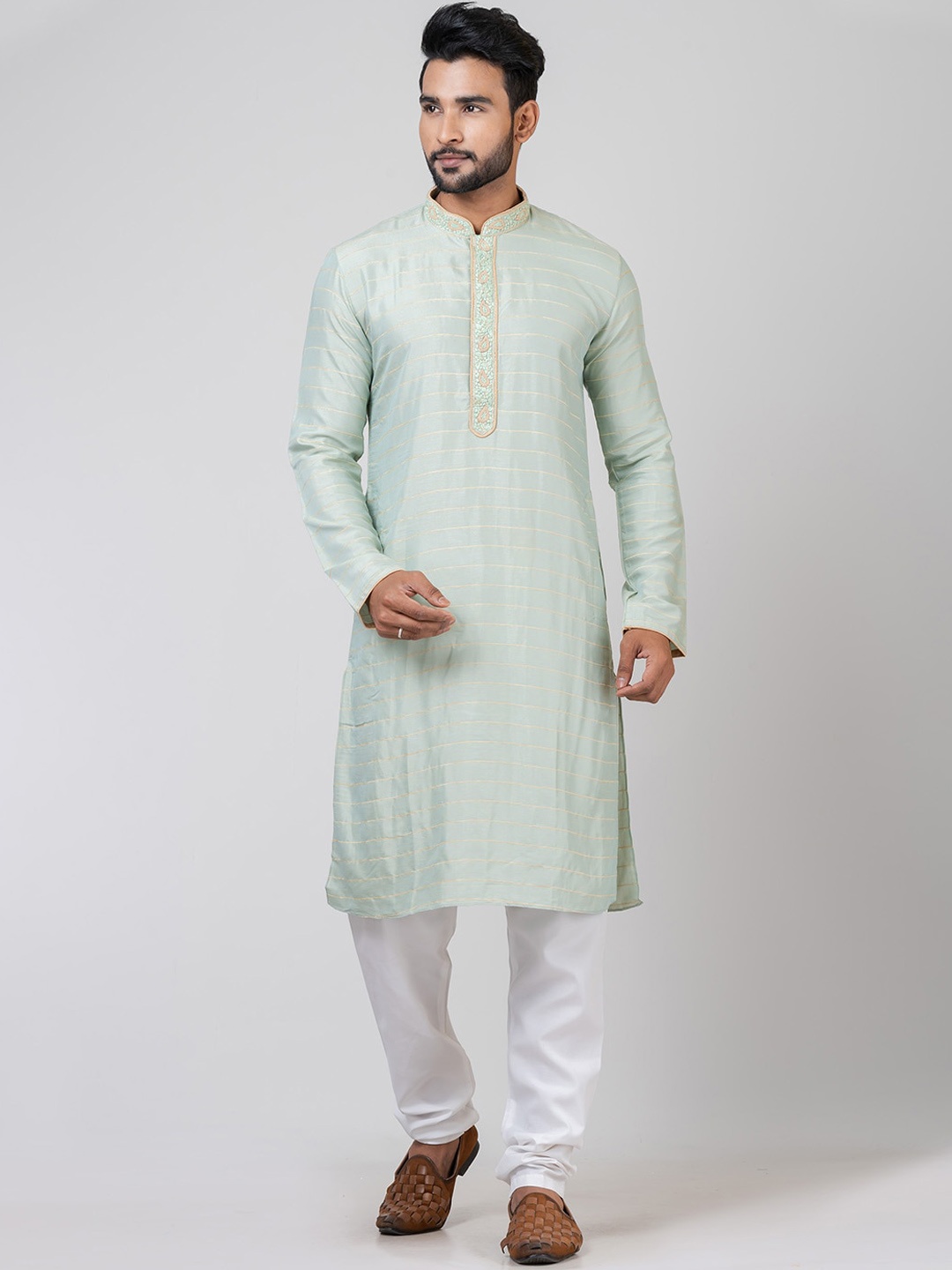 

HU - Handcrafted Uniquely Men Sea Green Striped Regular Thread Work Kurta with Churidar