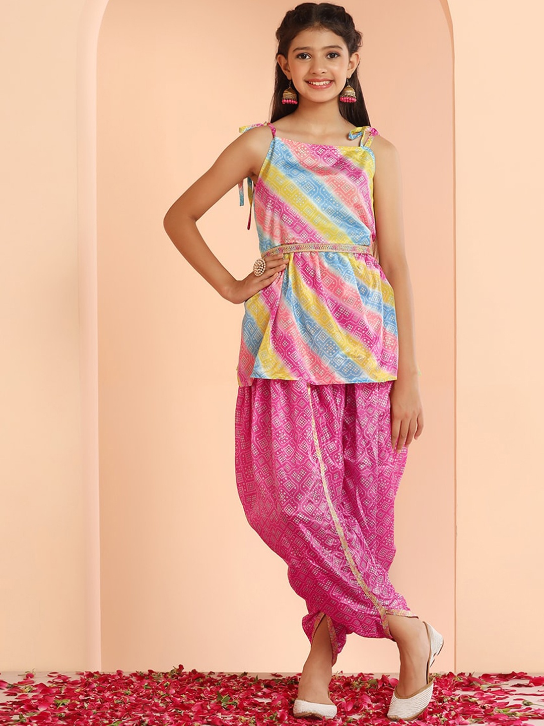 

FASHION DREAM Girls Blue Bandhani Printed Regular Kurta with Dhoti Pants