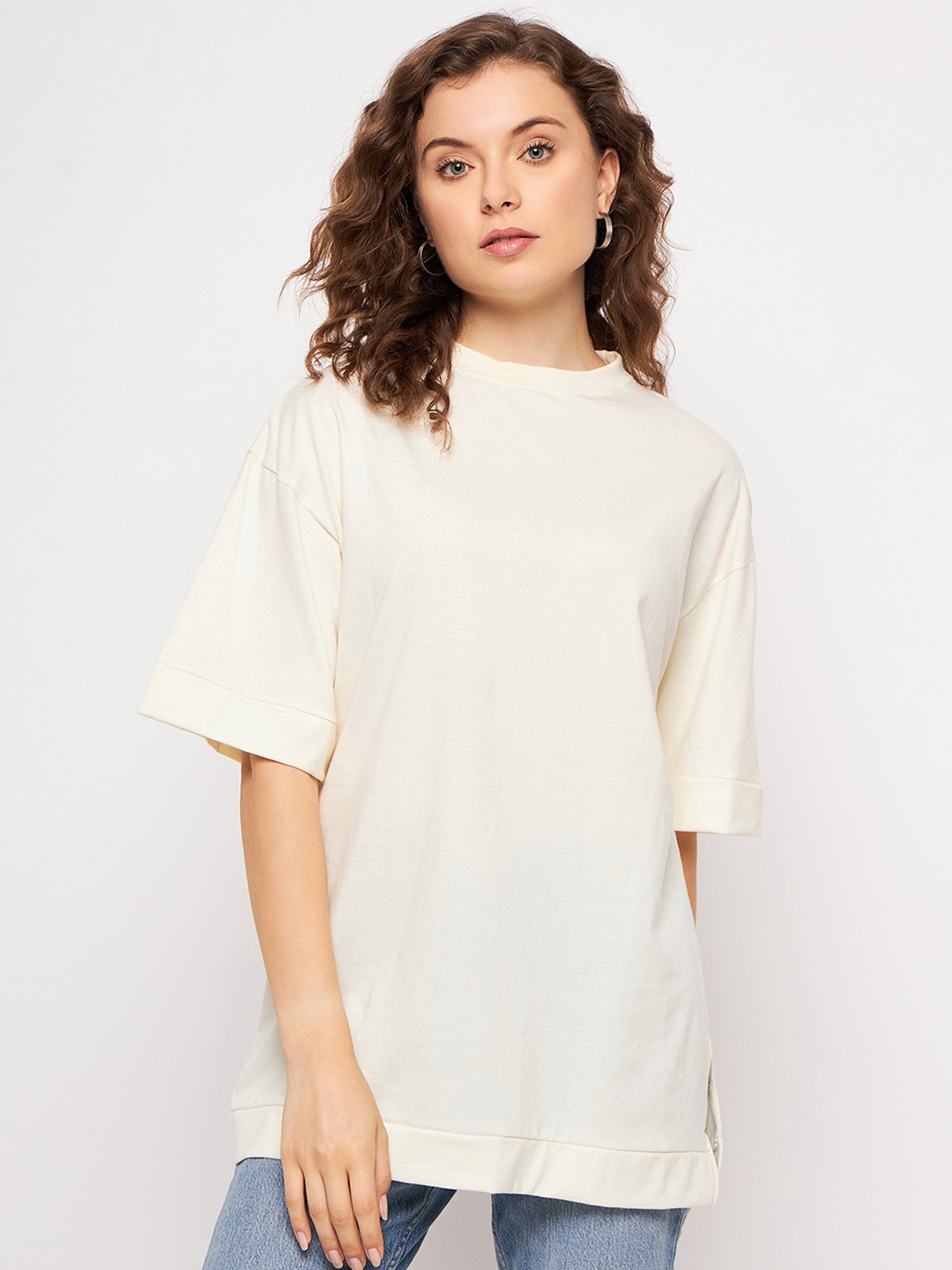 

Skidlers Drop-Shoulder Sleeves Oversized Cotton T-shirt, White