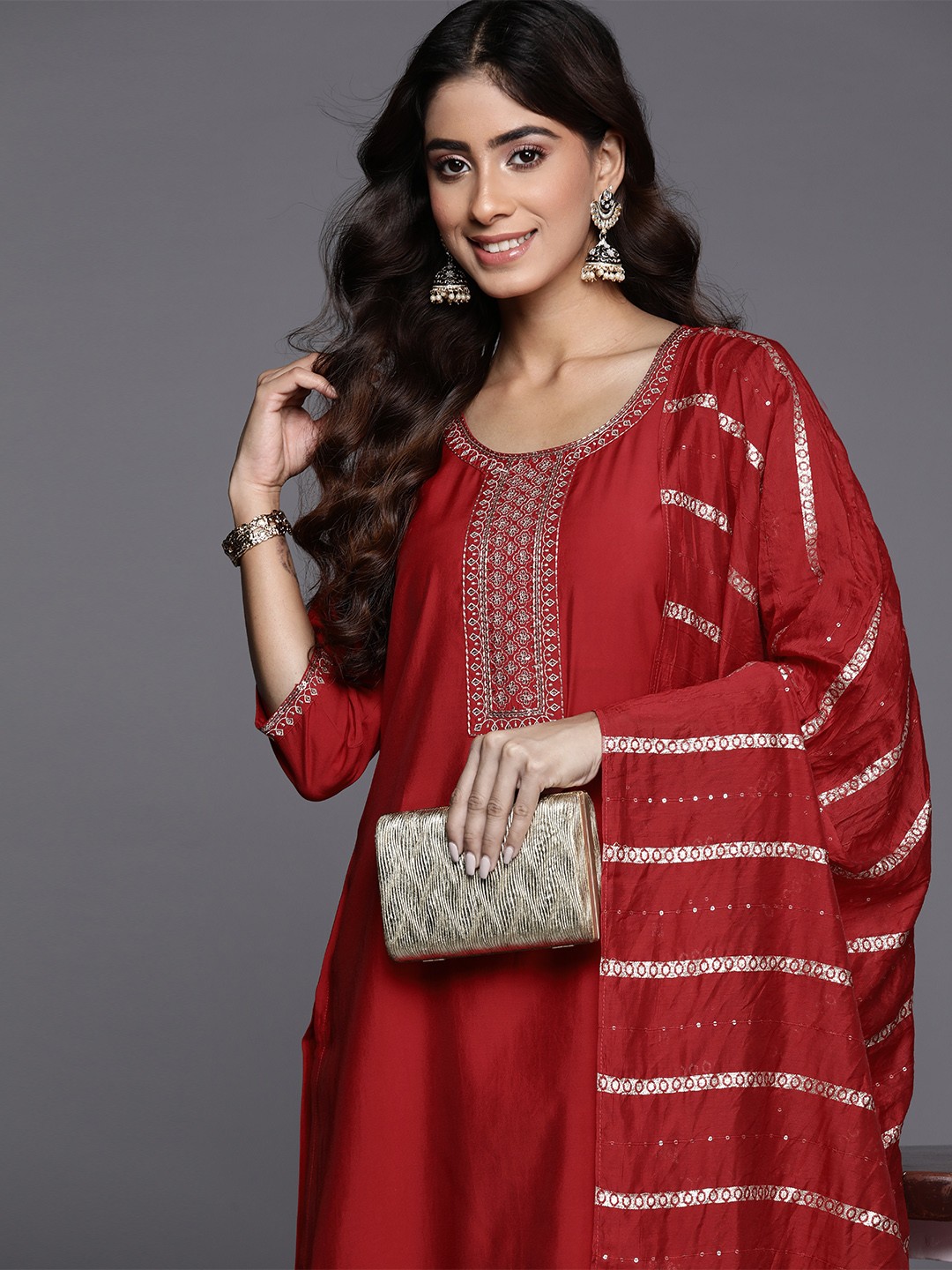

Gerua By Libas Women Yoke Design Regular Sequinned Kurta with Trousers Dupatta, Red
