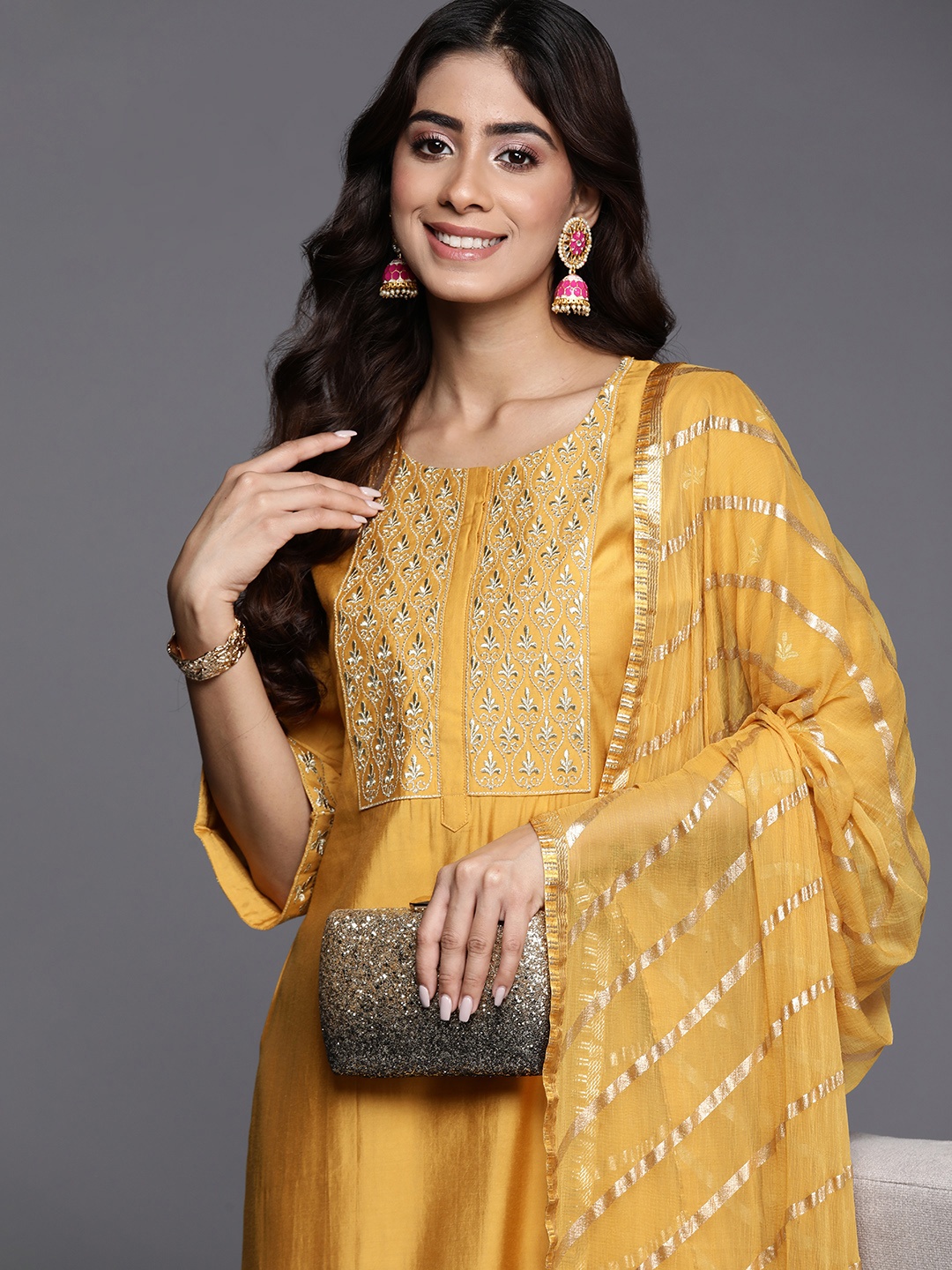 

Libas Women Floral Embroidered Regular Kurta with Trousers With Dupatta, Mustard