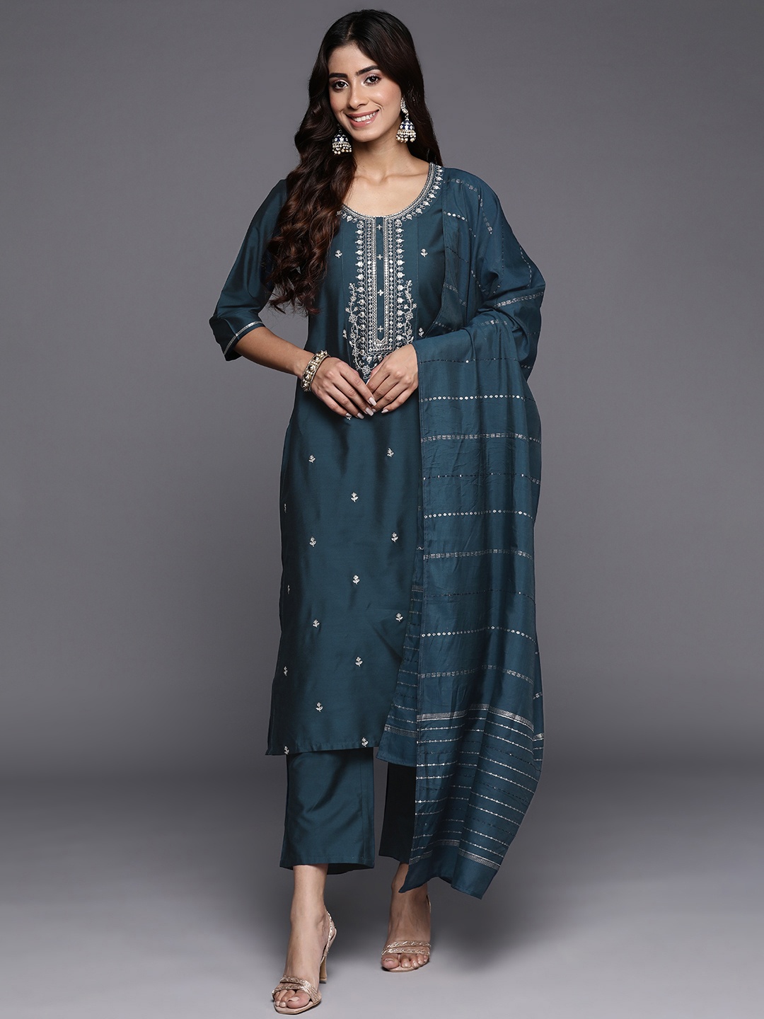 Libas Women Blue Floral Embroidered Regular Sequinned Kurta with Trousers With Dupatta