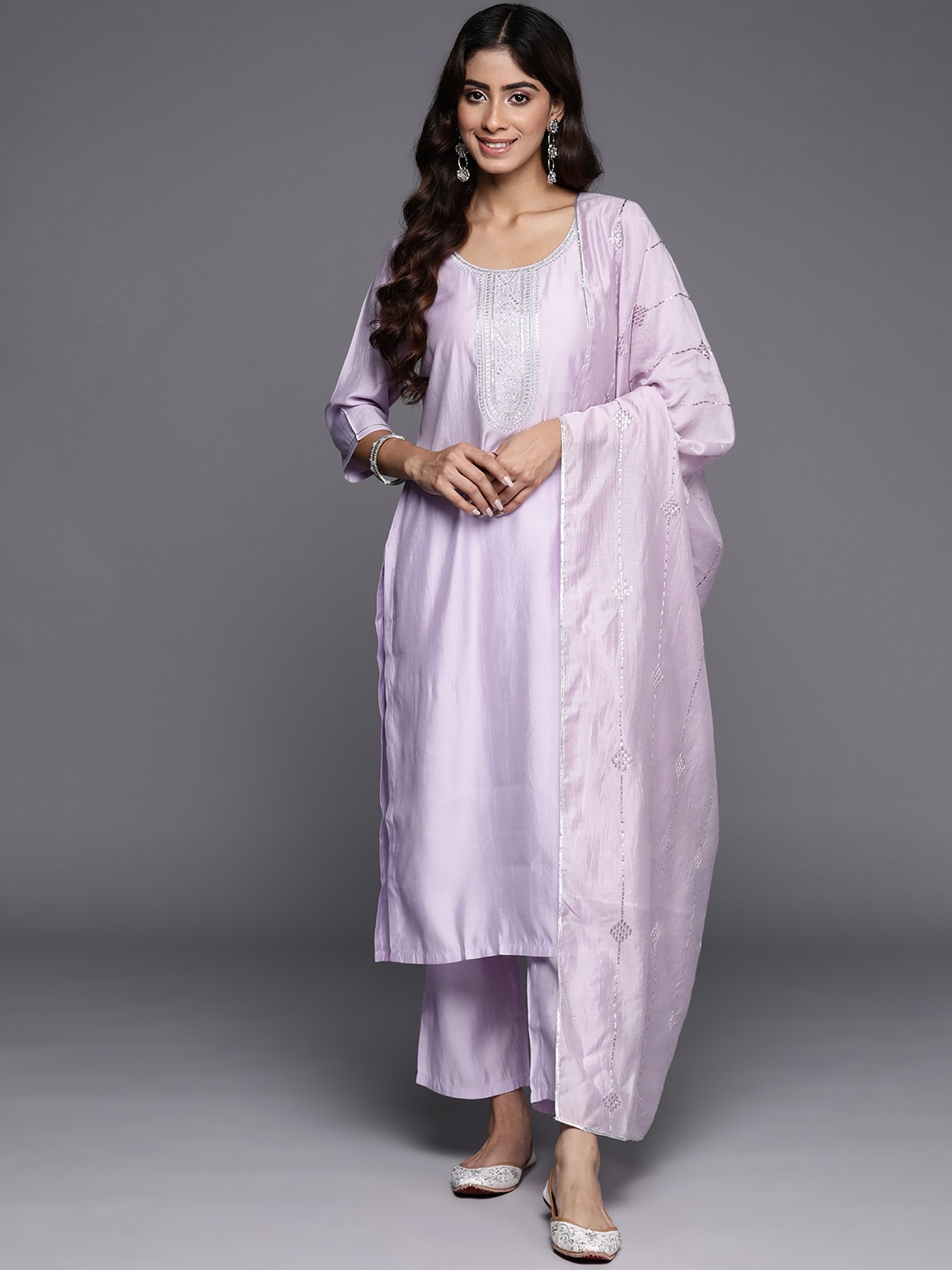 

Gerua By Libas Women Ethnic Motifs Yoke Design Regular Sequinned Kurta with Trousers With Dupatta, Lavender