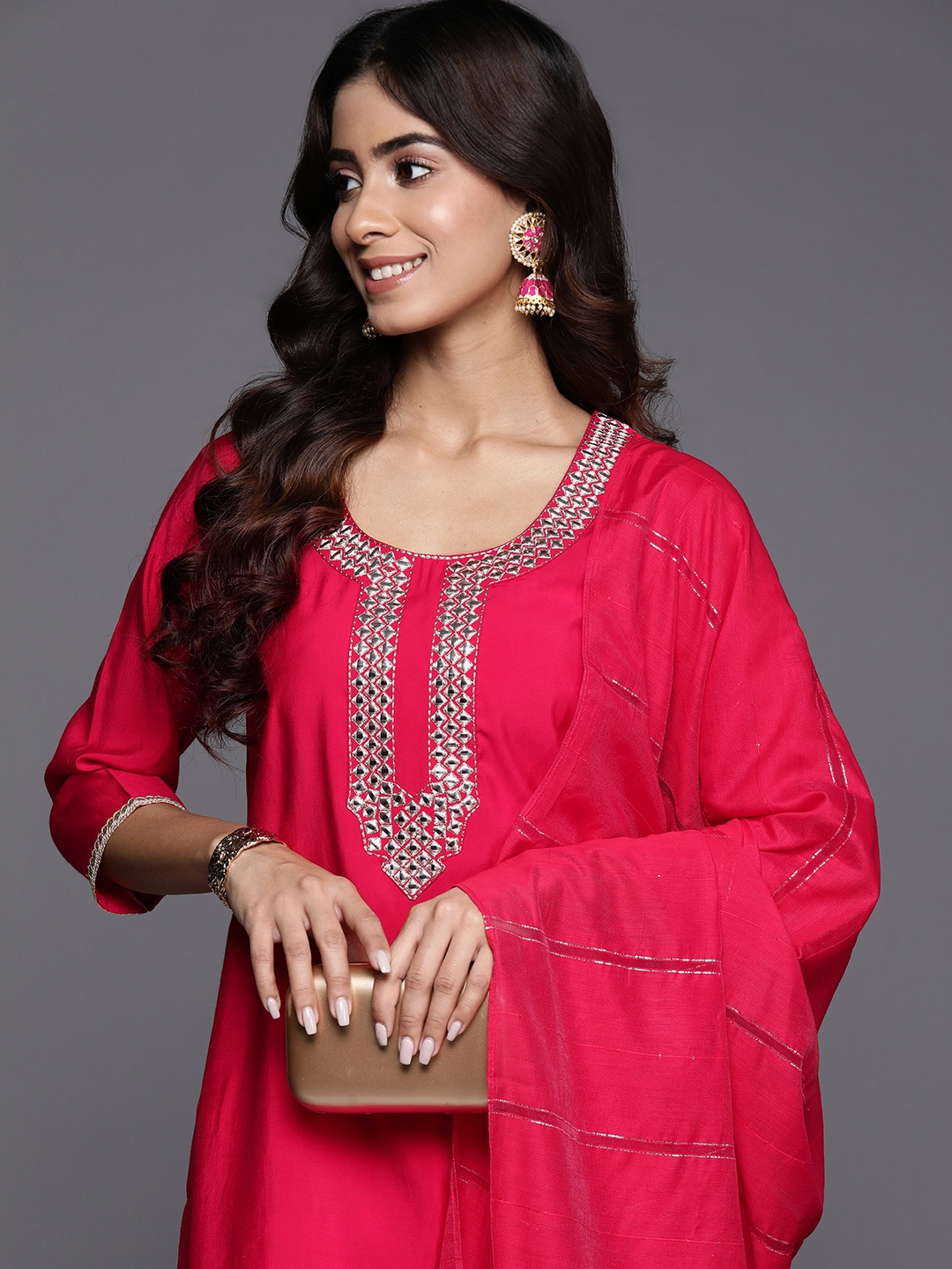 

Libas Women Pink Yoke Design Mirror Work Sequinned Kurta with Trousers With Dupatta