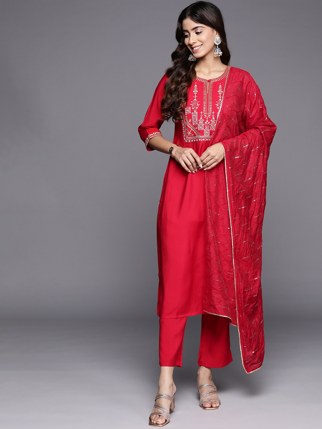 

Libas Women Floral Embroidered Regular Kurta with Trousers With Dupatta, Red