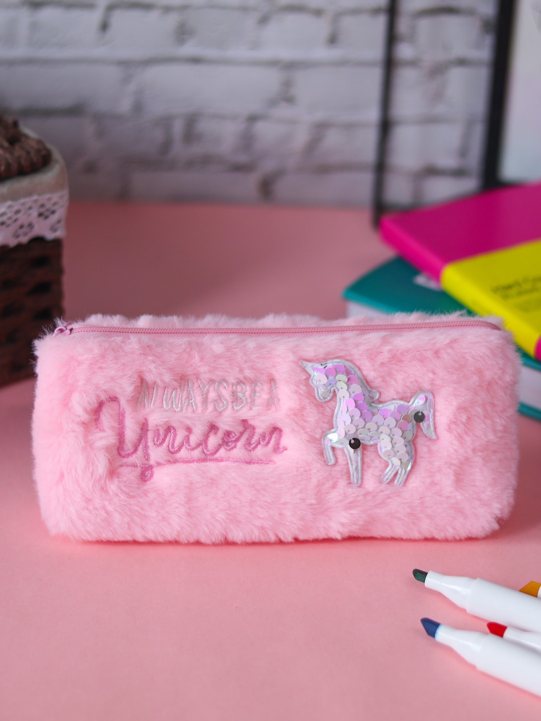 

MARKET99 Plush Fur Unicorn Pencil Pouch, Pink