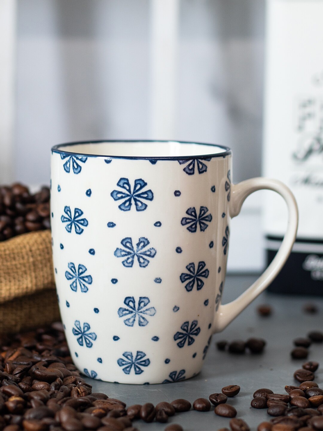 

MARKET99 White & Blue Floral Printed Ceramic Glossy Coffee Mug - 380 ML