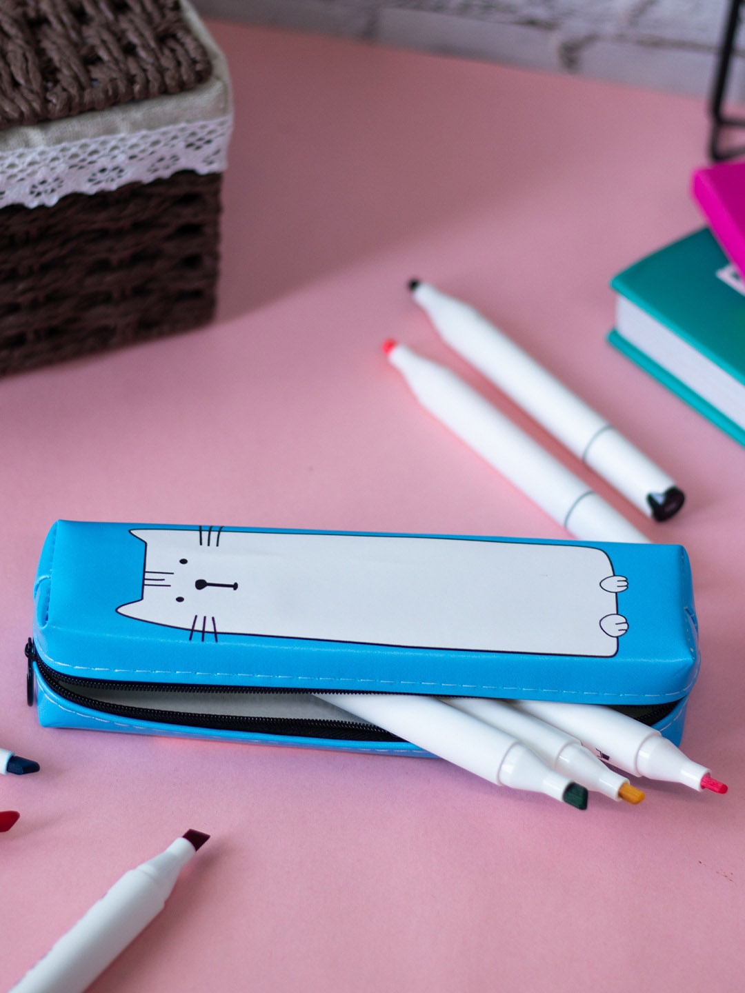 

MARKET99 Rexine Cat Print Pencil Pouch, Blue