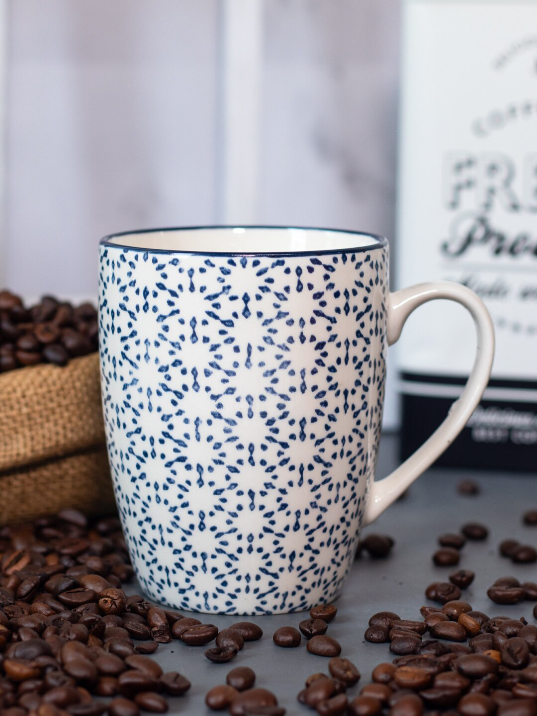 

MARKET99 White & Blue Floral Printed Ceramic Glossy Coffee Mug - 380 ML