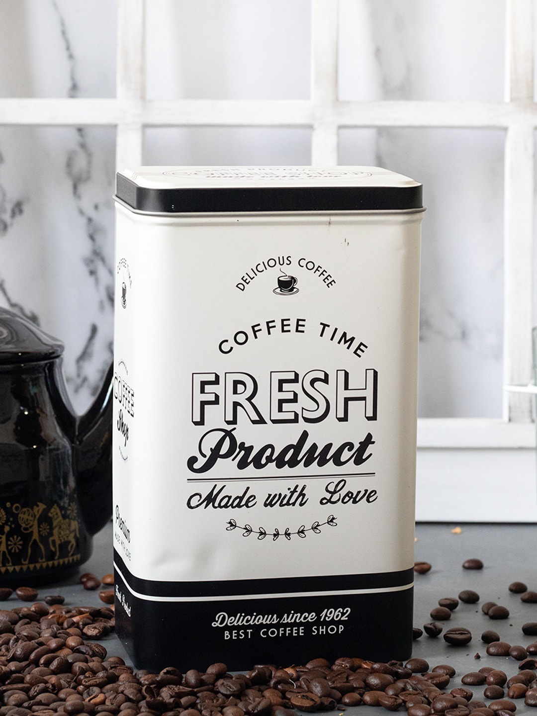 

MARKET99 White & Black Metal Dishwasher Safe Coffee Jar - 1.7L, Off white