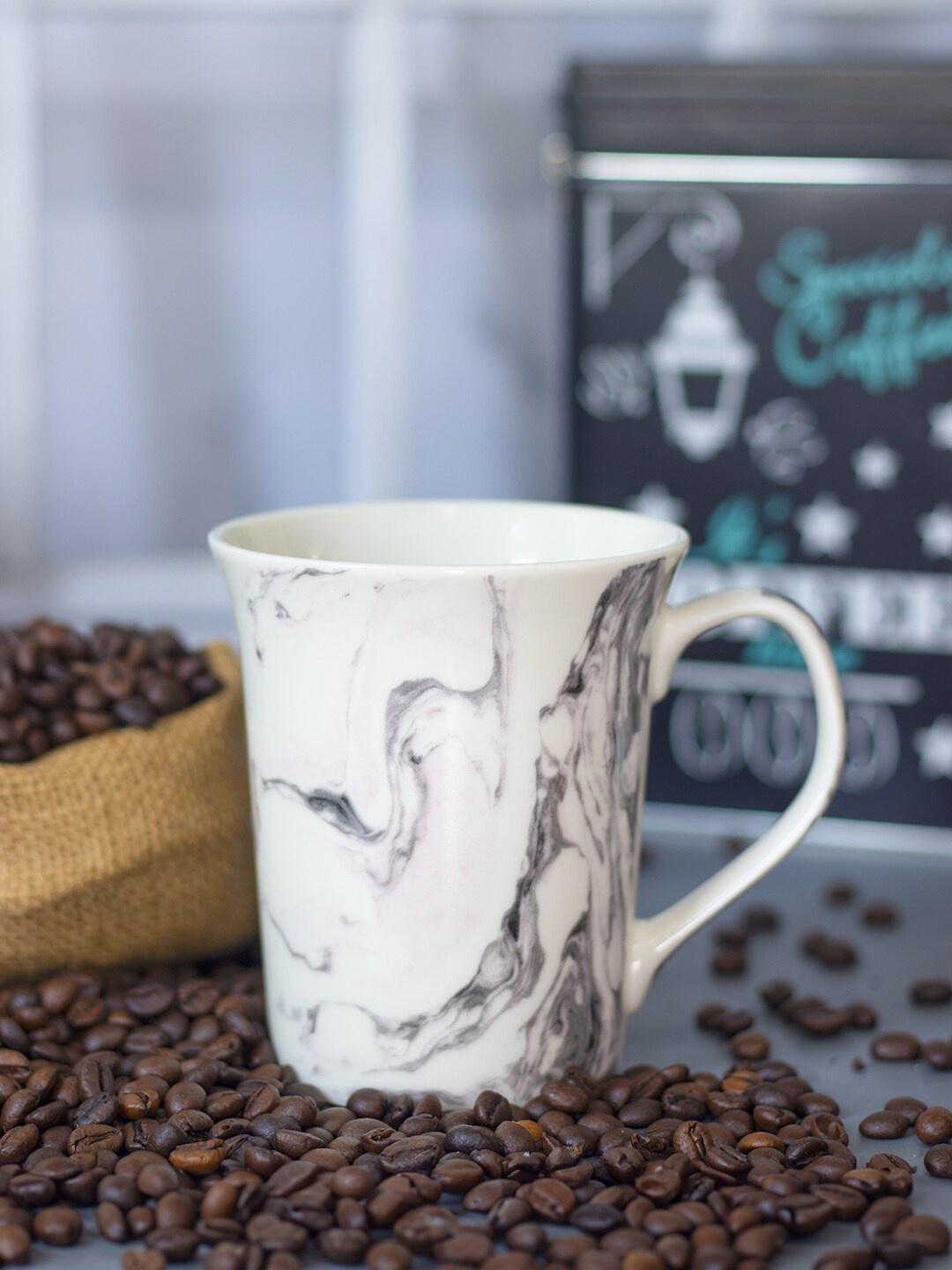 

MARKET99 Off White & Grey Printed Ceramic Glossy Coffee Mug - 380 ML