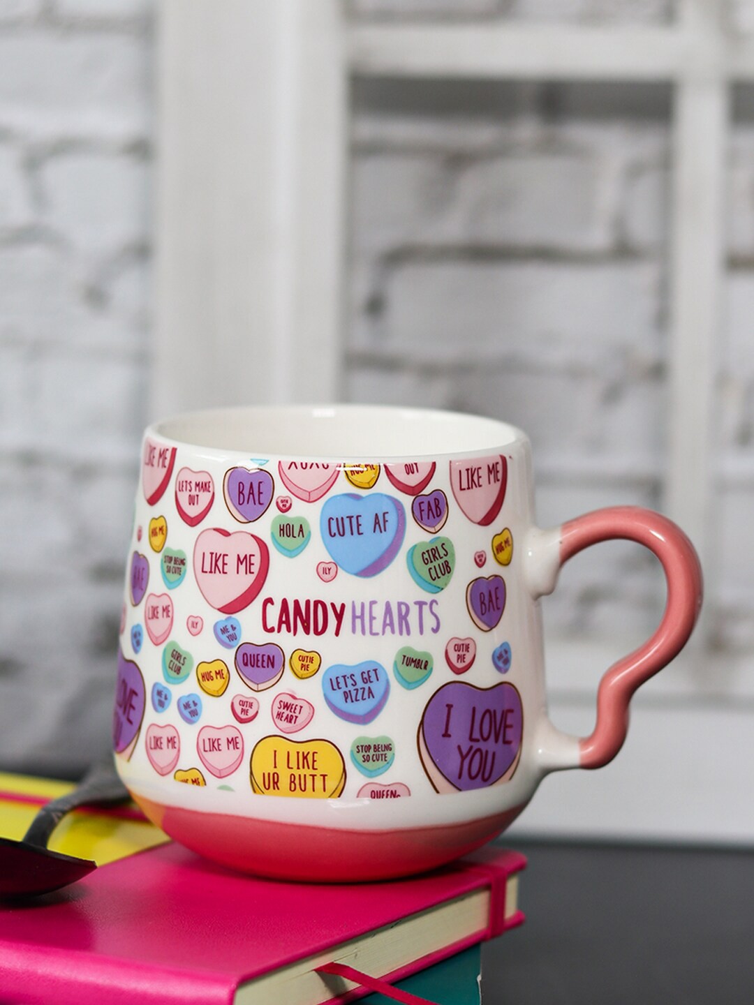 MARKET99 White & Pink Printed Ceramic Glossy Coffee Mug - 400 ML