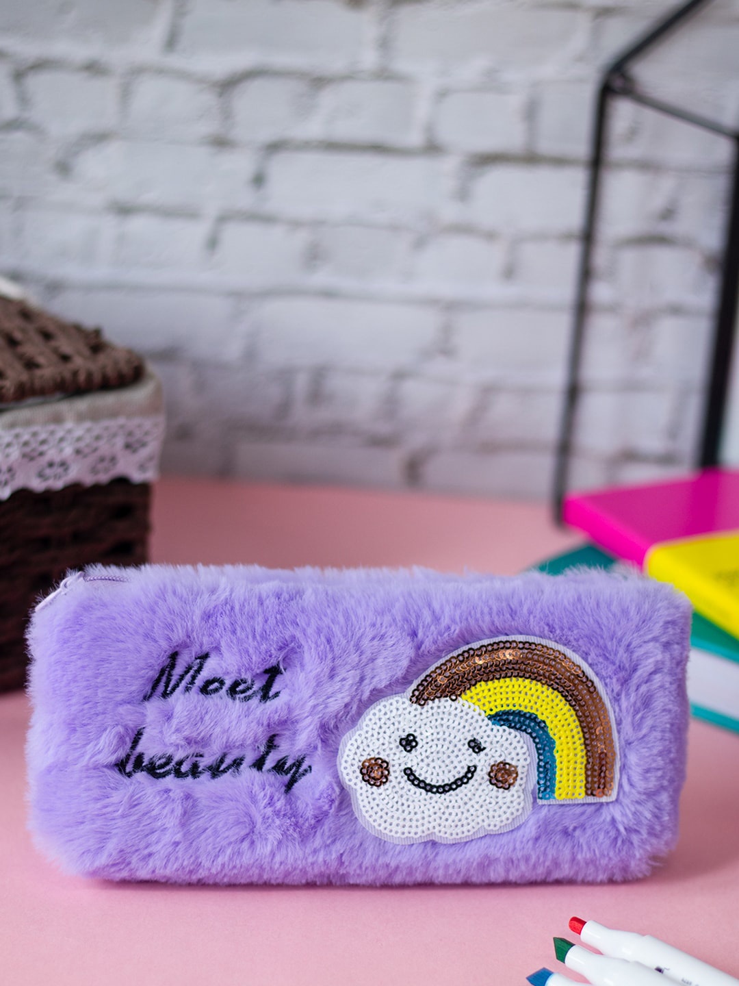 

MARKET99 Embroidered Fur Pencil Pouch, Purple