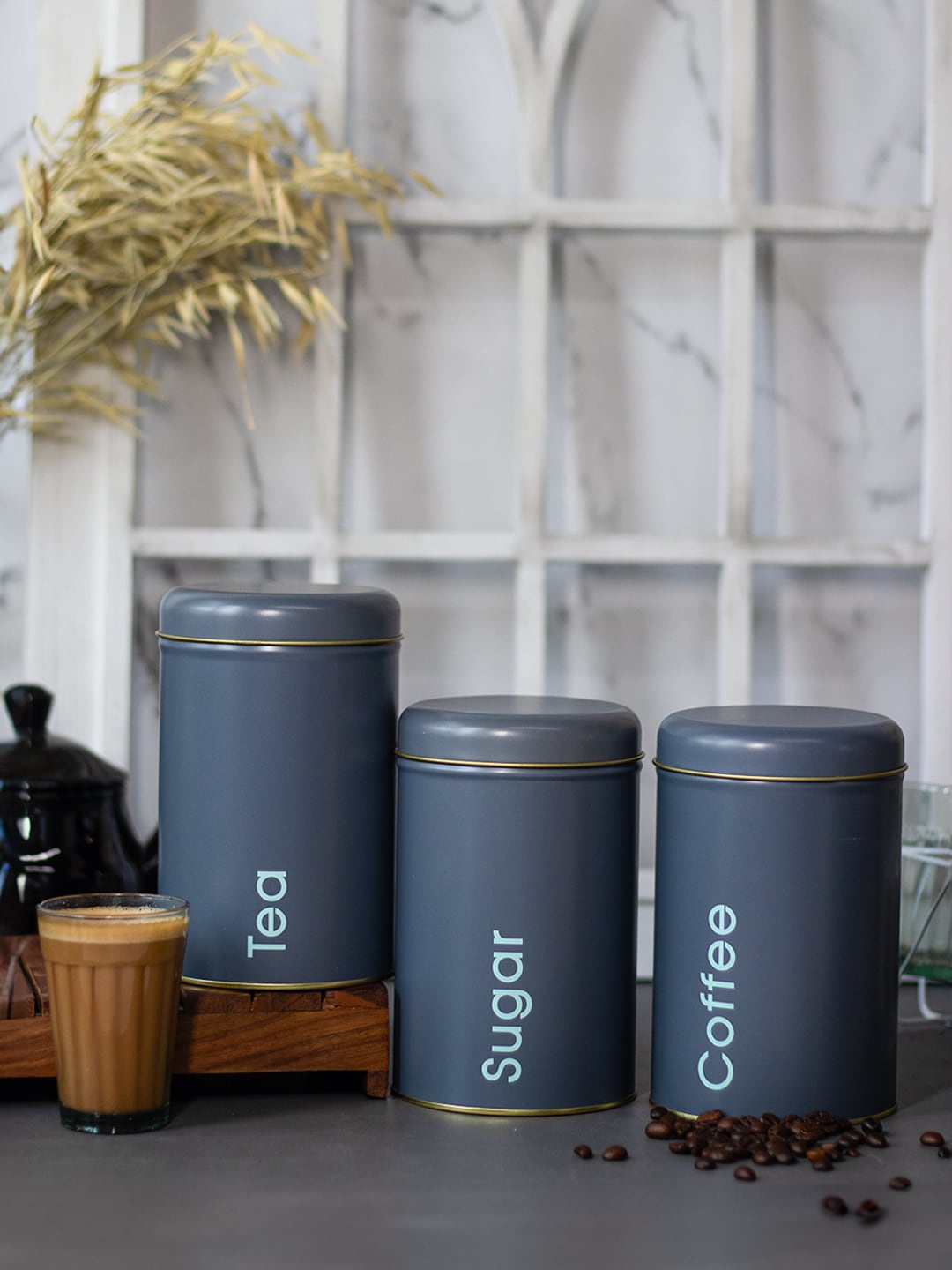 

MARKET99 3 Pcs Grey Coffee, Tea & Sugar Dishwasher Safe Metal Jars