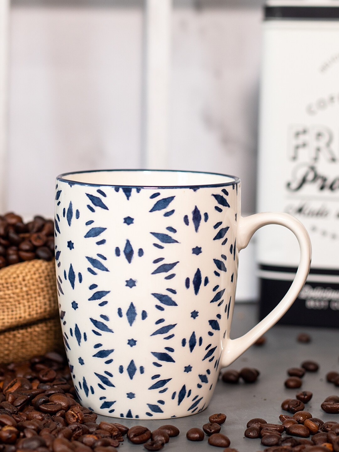

MARKET99 White & Blue Printed Ceramic Glossy Mug 380ml