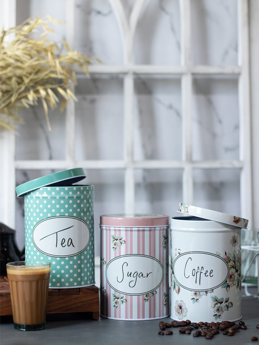 

MARKET99 3 Pcs Printed Coffee, Tea & Sugar Dishwasher Safe Metal Jars 600 ML Each, Green