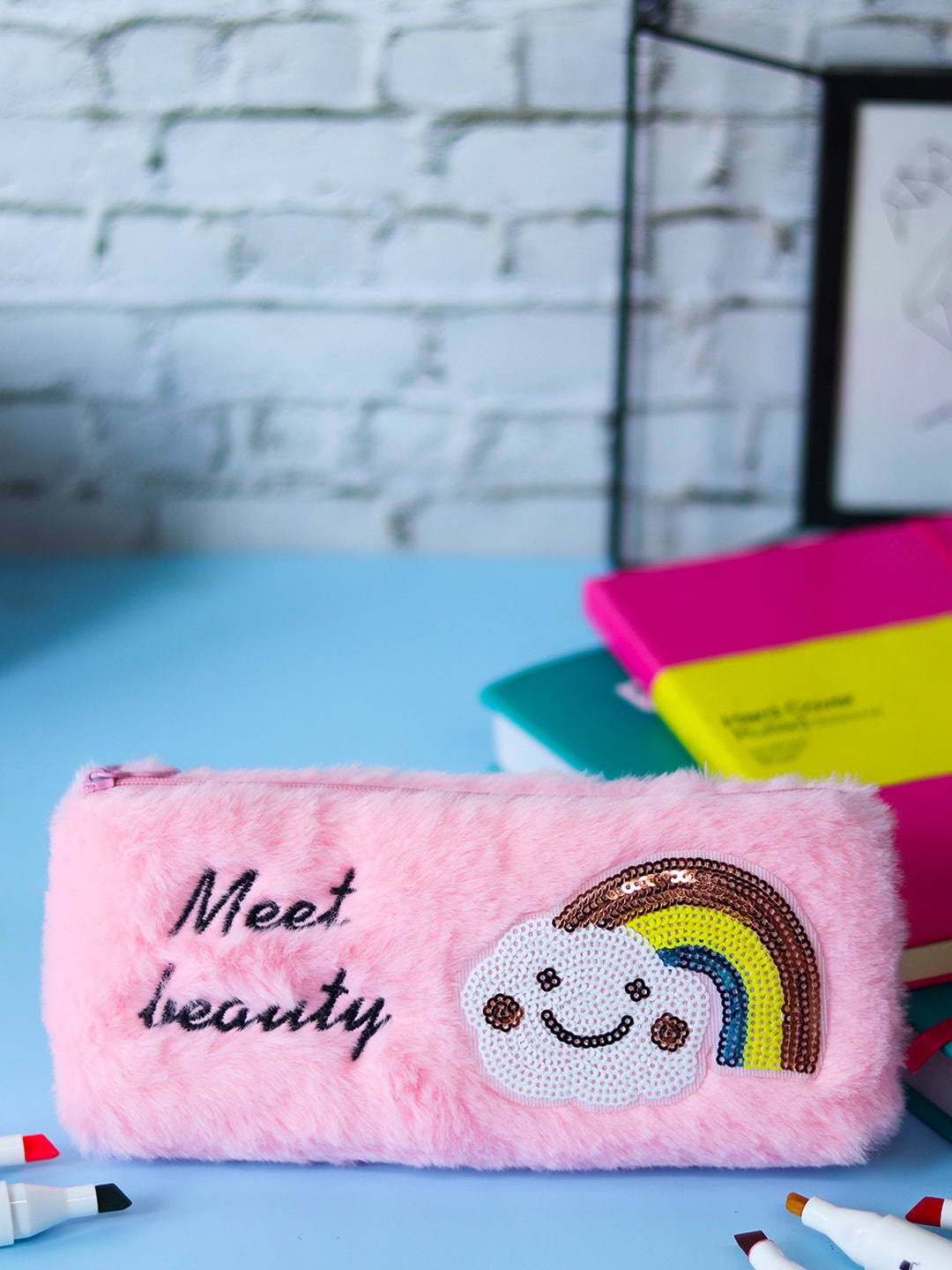 

MARKET99 Printed Fur Pencil Pouch, Pink