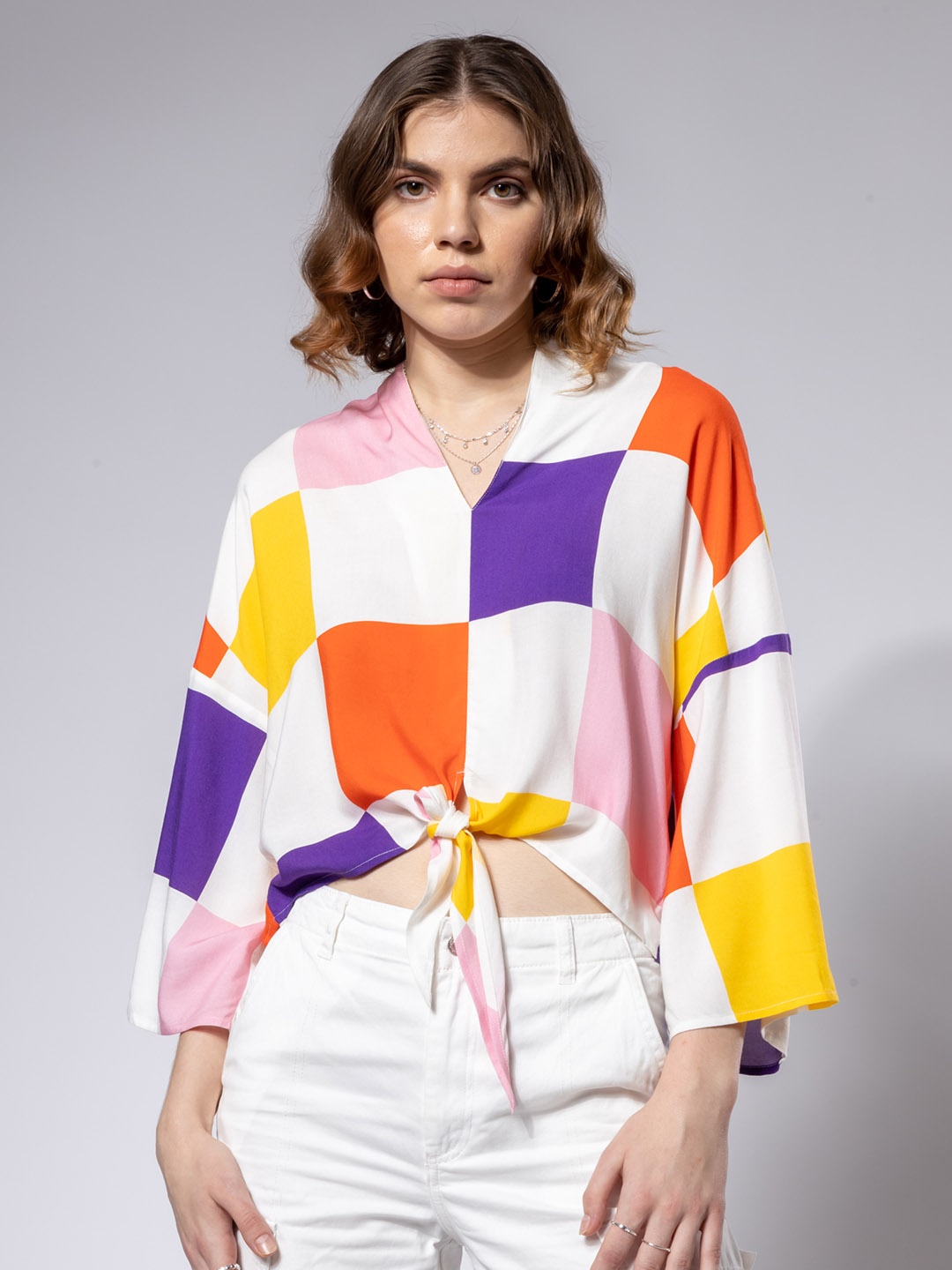 

H&M Checkered Tie Knot Top, White