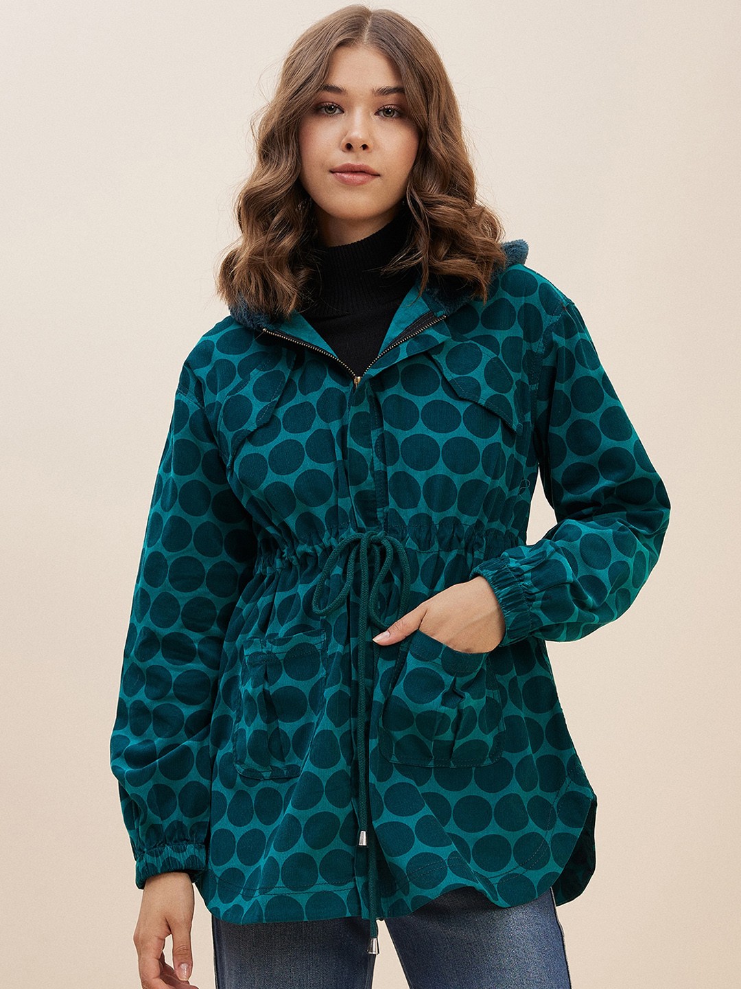 

Antheaa Teal Geometric Printed Hooded Neck Corduroy Longline Tailored Jacket
