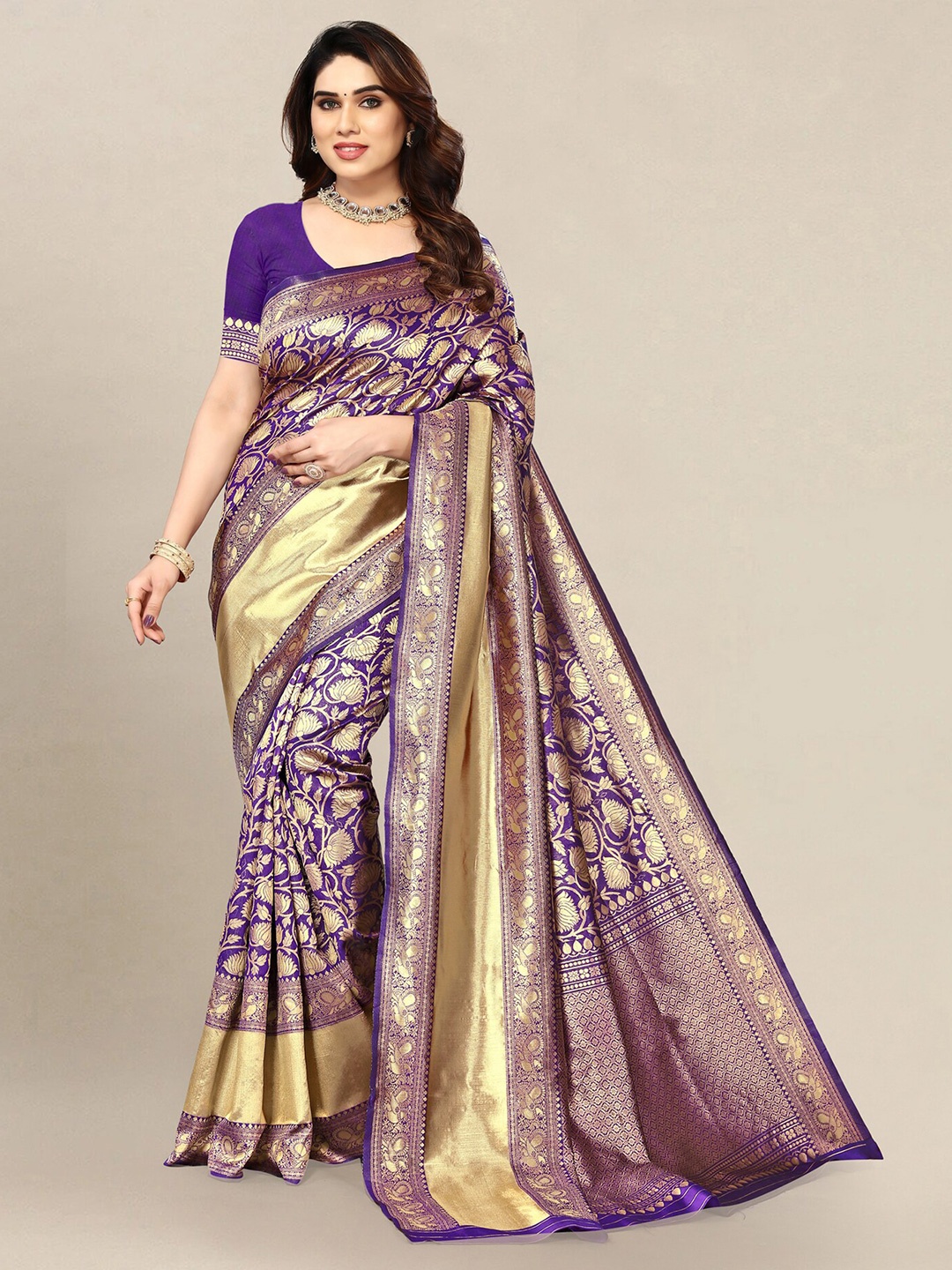 

Om Shantam Sarees Woven Design Zari Banarasi Saree, Purple