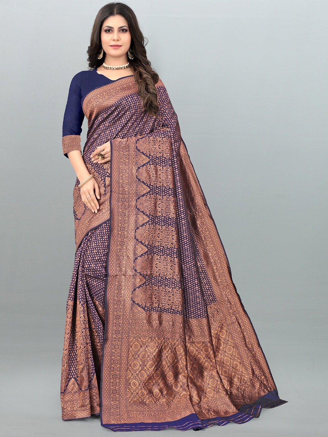 

Om Shantam Sarees Ethnic Motifs Woven Design Zari Banarasi Saree, Navy blue