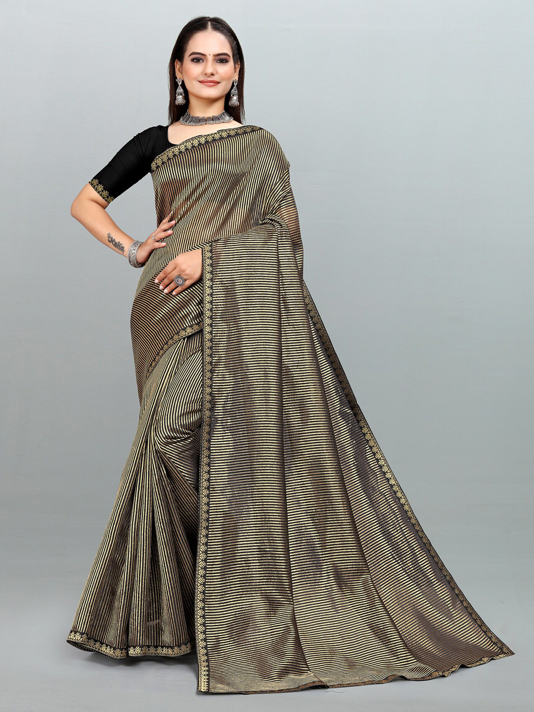 

Om Shantam Sarees Striped Zari Banarasi Saree, Black