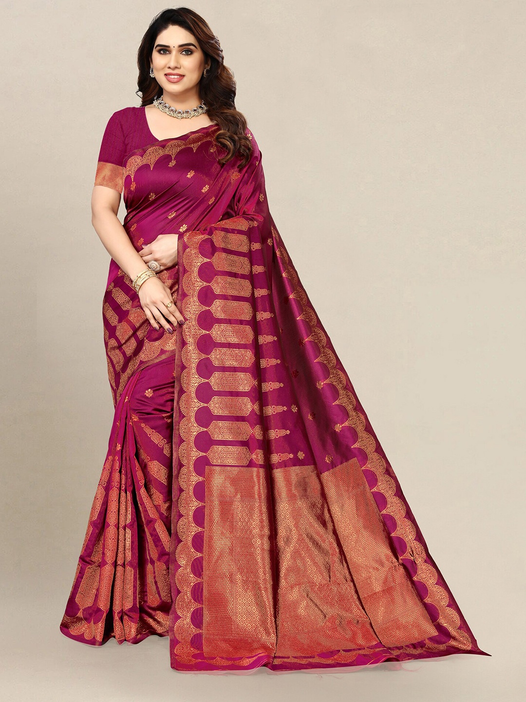 

Om Shantam Sarees Woven Design Zari Banarasi Saree, Magenta