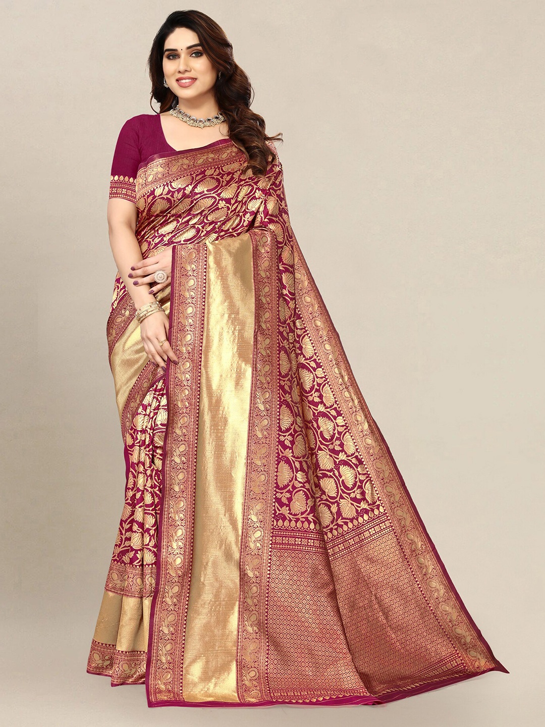 

Om Shantam Sarees Woven Design Zari Banarasi Saree, Magenta