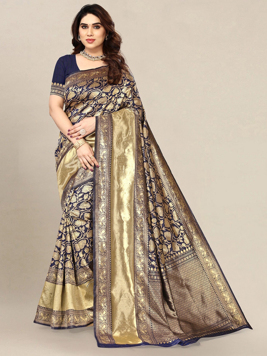 

Om Shantam Sarees Woven Design Zari Banarasi Saree, Navy blue