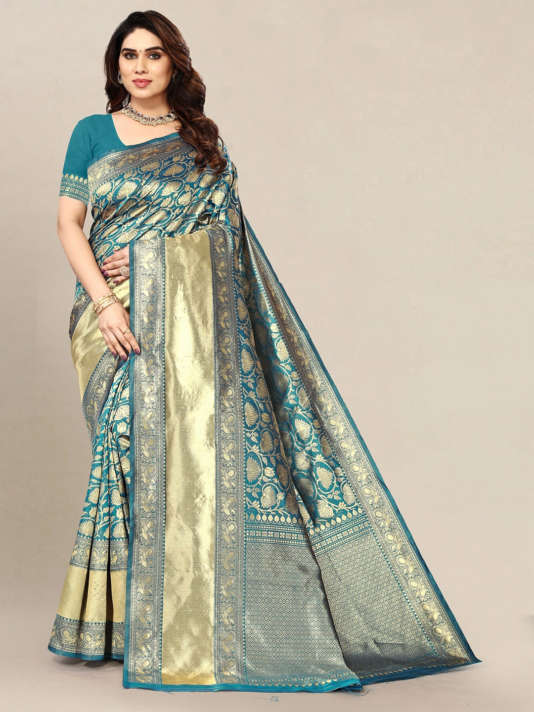 

Om Shantam Sarees Ethnic Motifs Woven Design Zari Banarasi Saree, Turquoise blue