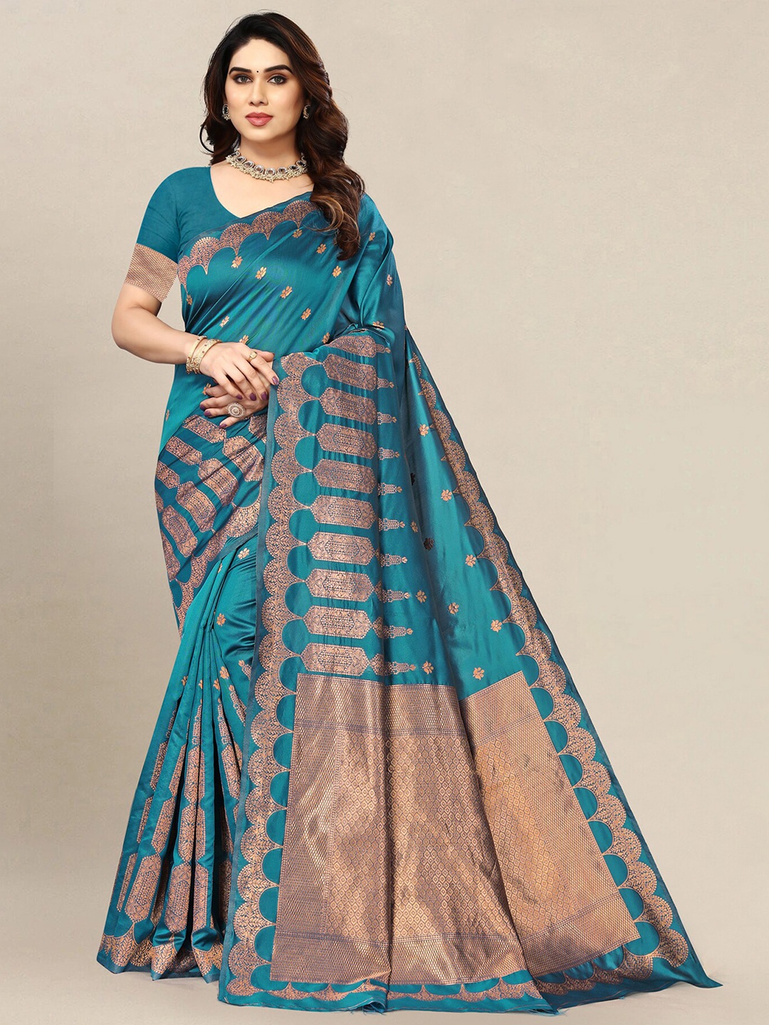 

Om Shantam Sarees Woven Design Zari Banarasi Saree, Turquoise blue