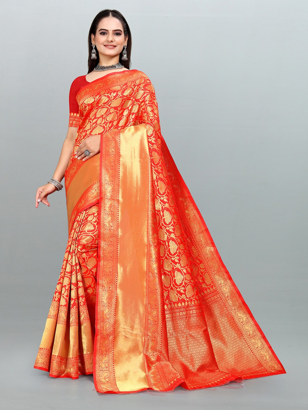 

Om Shantam Sarees Ethnic Motifs Woven Design Zari Banarasi Saree, Red